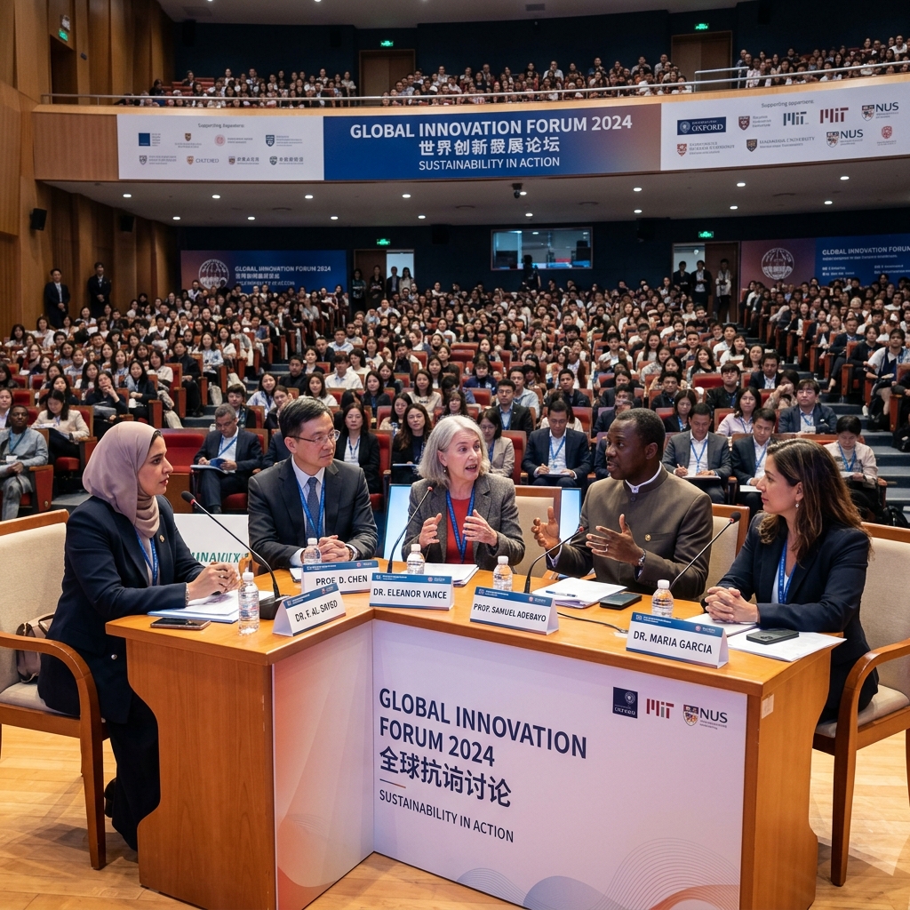 A panel discussion at an international academic conference, featuring diverse experts on stage.