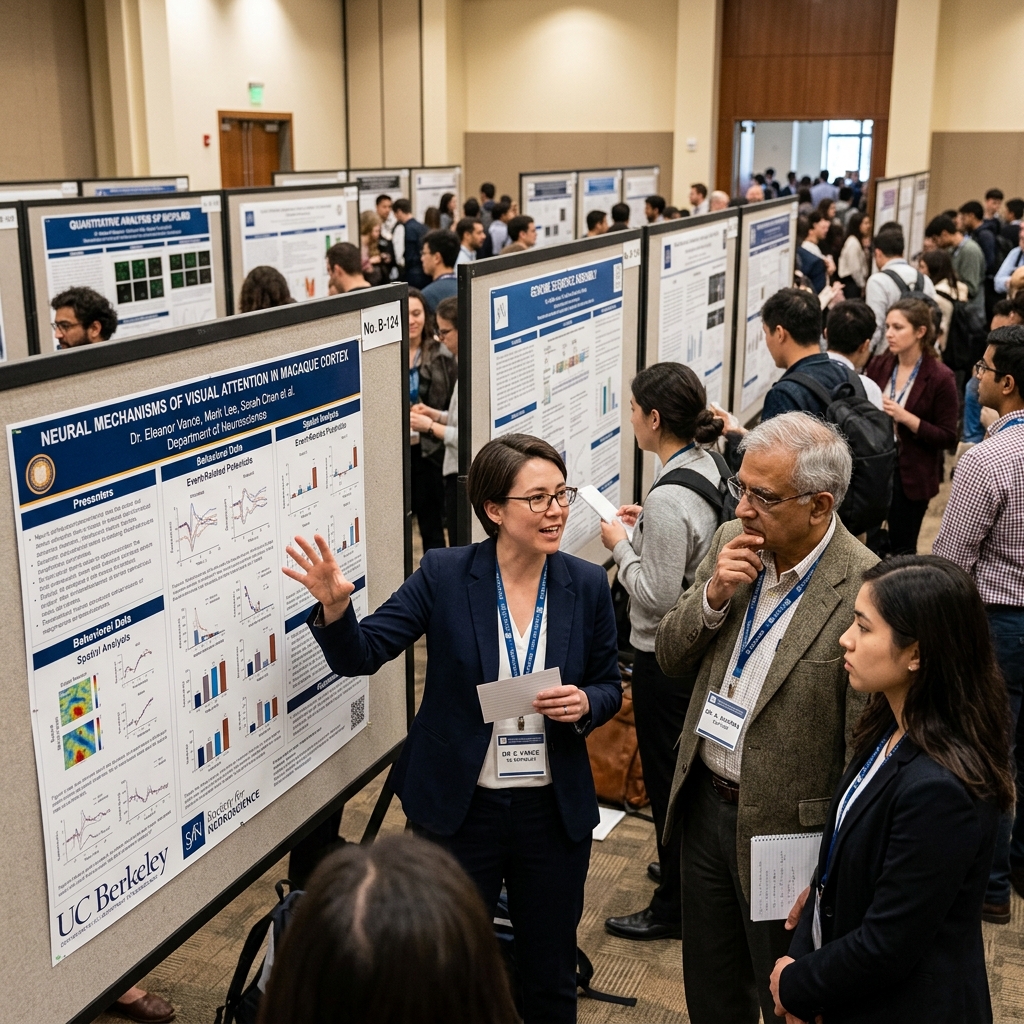A poster presentation session at an academic conference where scholars discuss research.